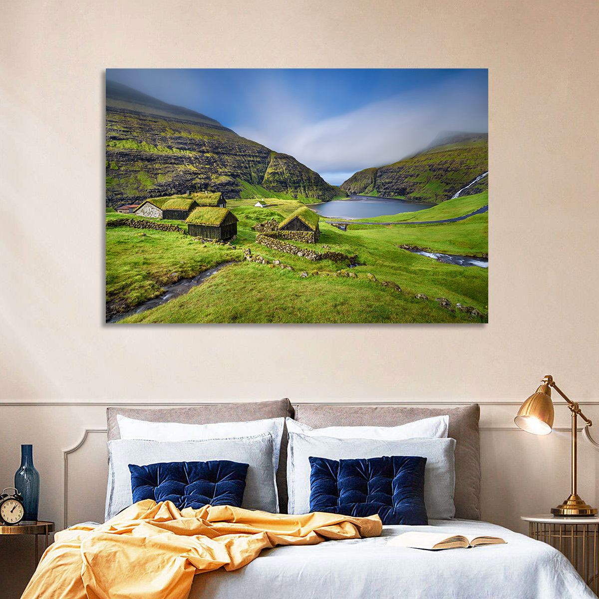 Saksun Turf Roof Cabins Wall Art in a room, landscape