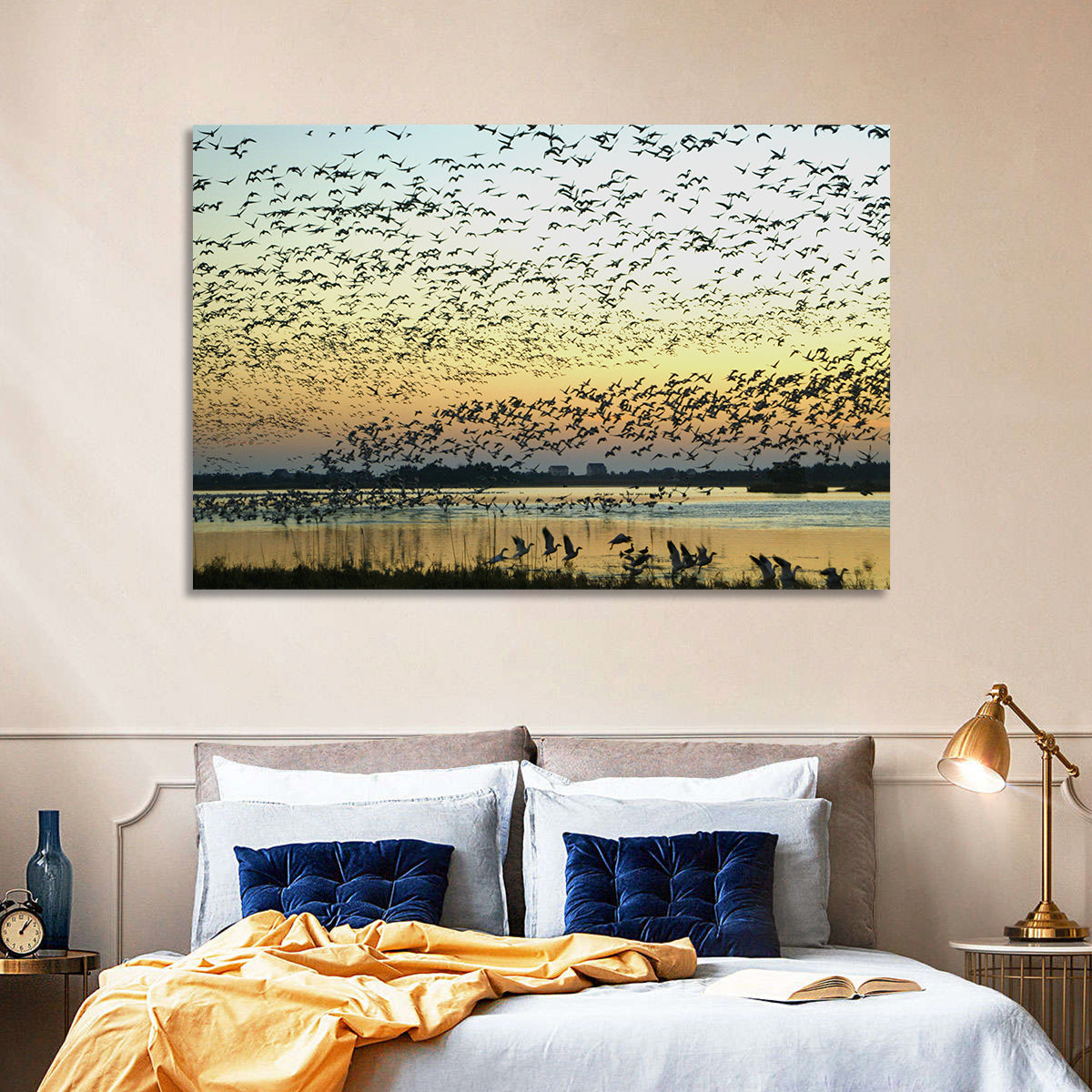 Snow Geese Over River Wall Art in a room, landscape
