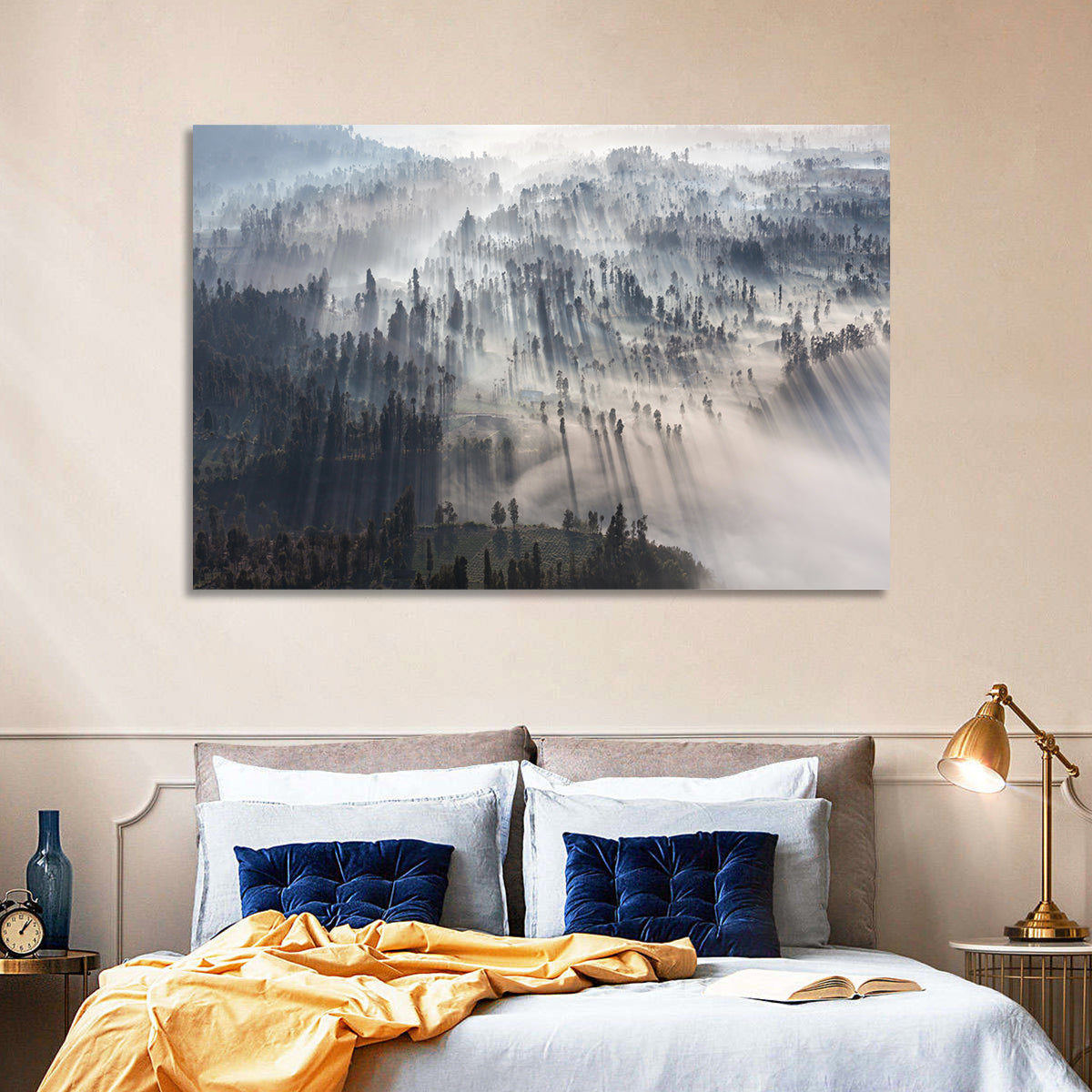 Misty Forest Sunrise Wall Art in a room, landscape