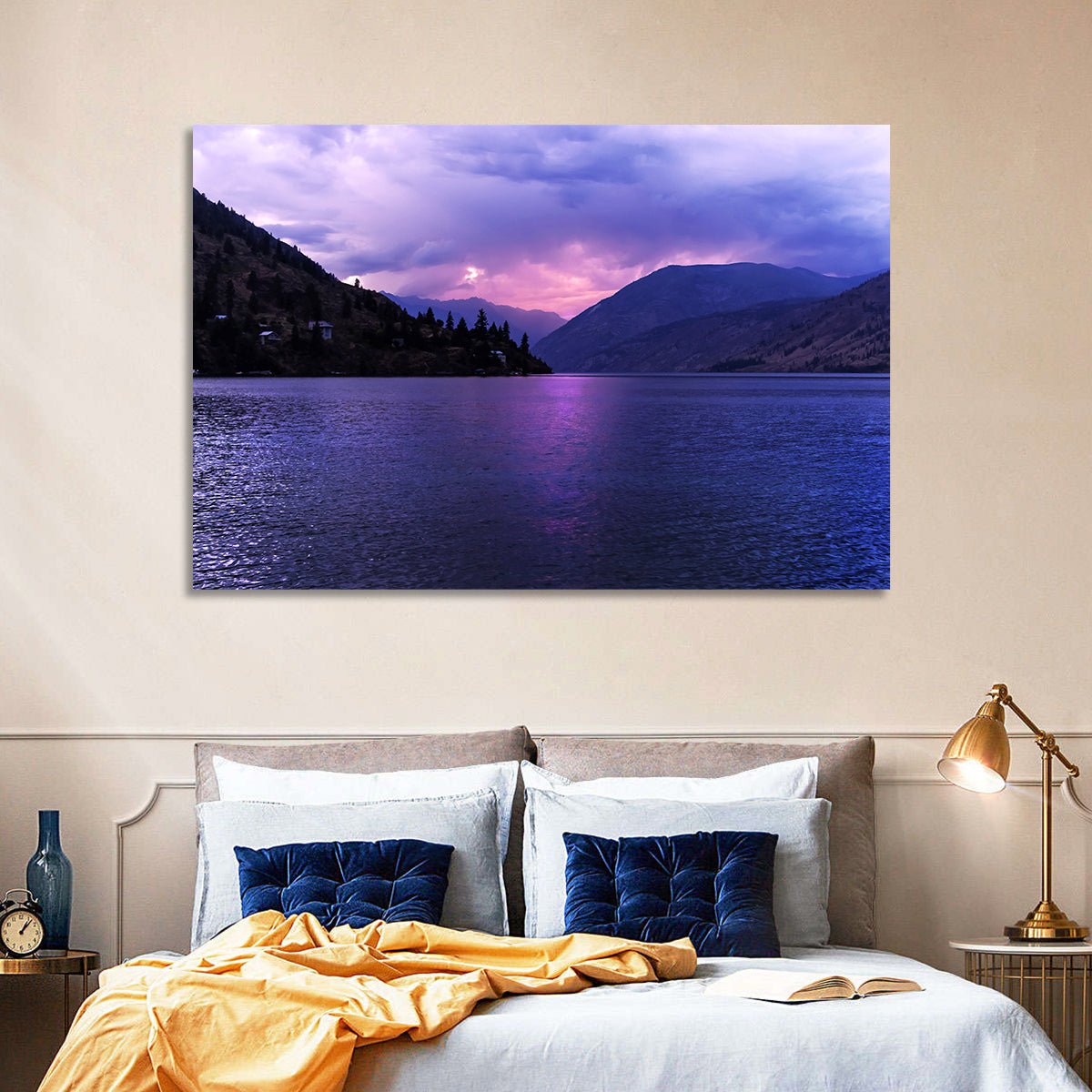 Lake Chelan Violet Sunset Wall Art in a room, landscape