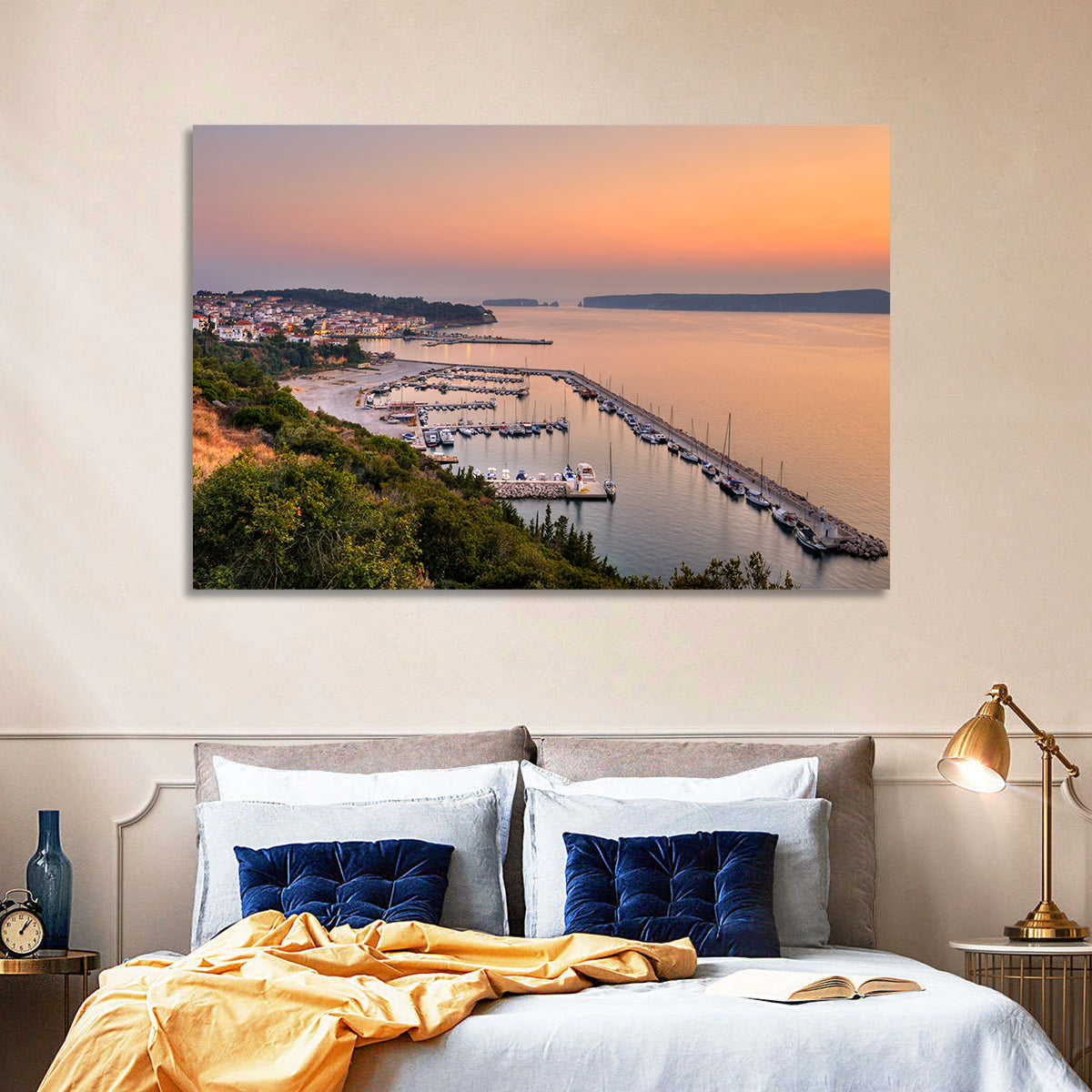 Pylos Harbor Lighthouse Sunset Wall Art in a room, landscape
