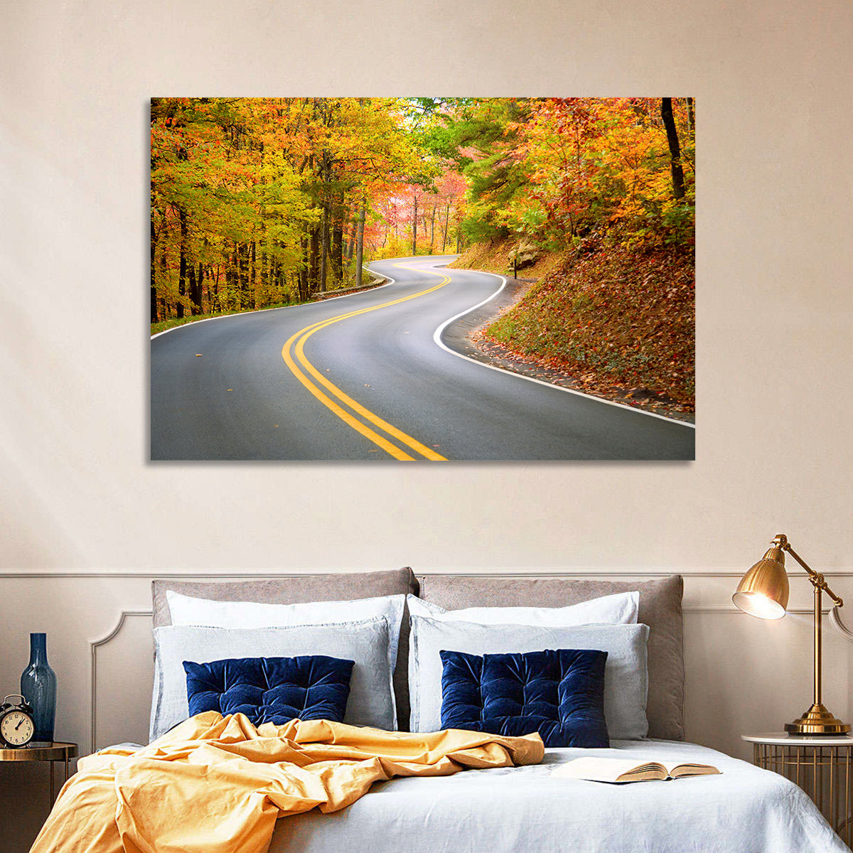 Winding Autumn Road Wall Art in a room, landscape