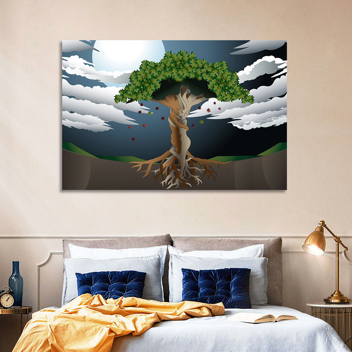 Moonlit Lovers Tree Wall Art in a room, landscape