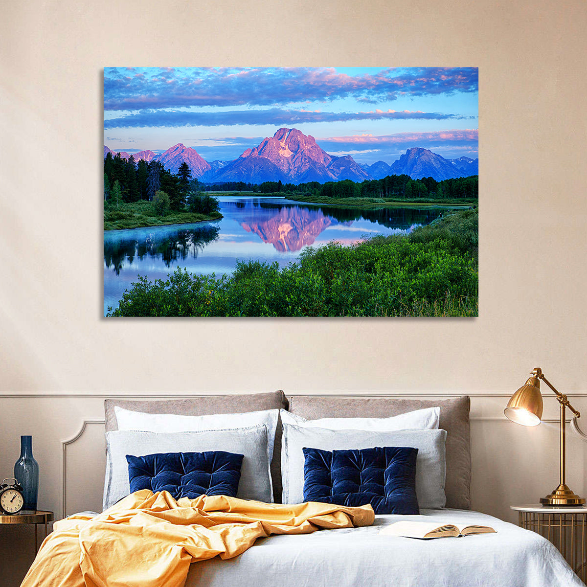 Oxbow Bend Dawn Reflection Wall Art in a room, landscape