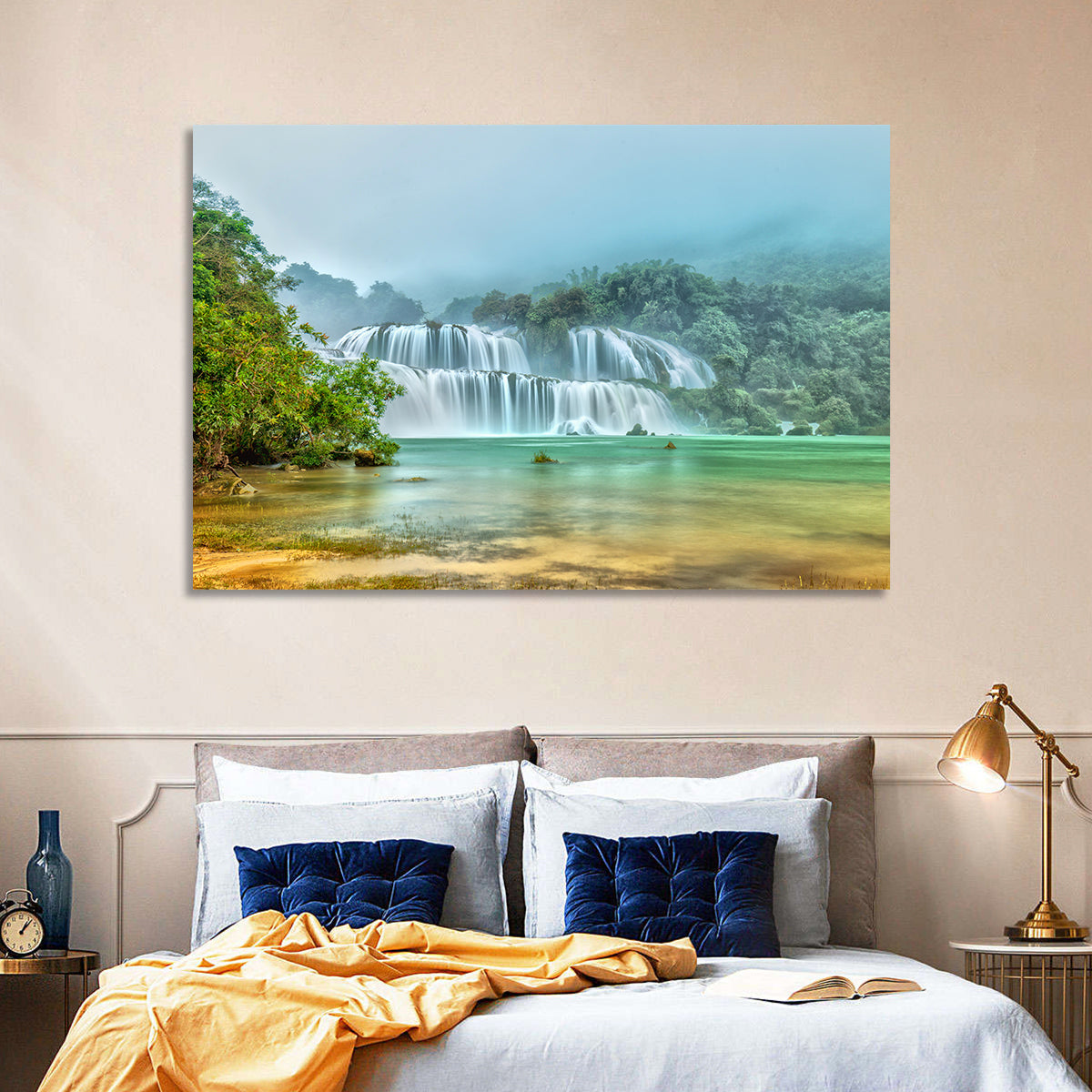Ban Gioc Waterfalls Misty Morning Wall Art in a room, landscape