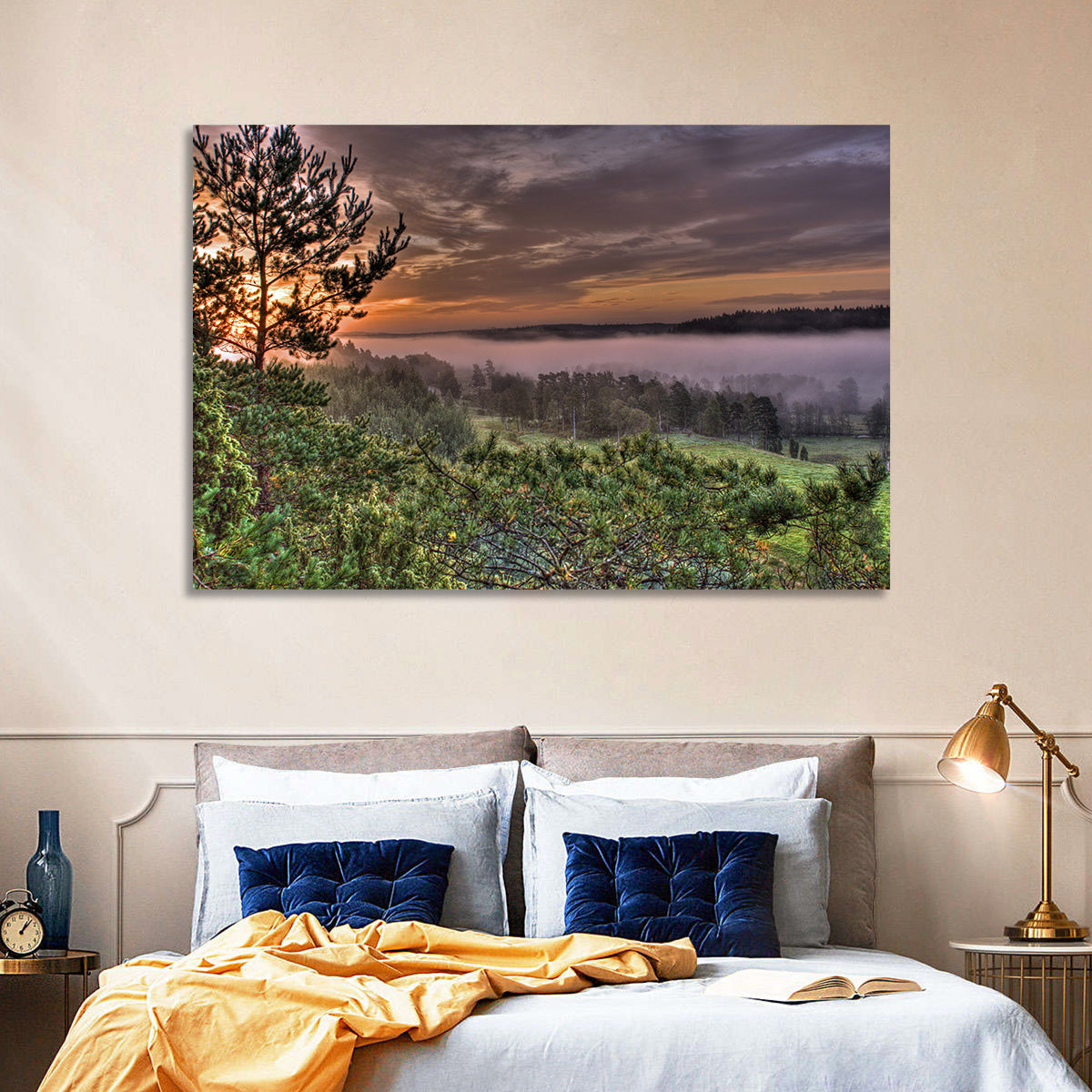 Misty Swedish Pine Valley Wall Art in a room, landscape
