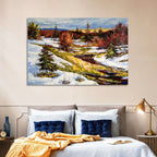 Snowy Stream Through Evergreens Wall Art