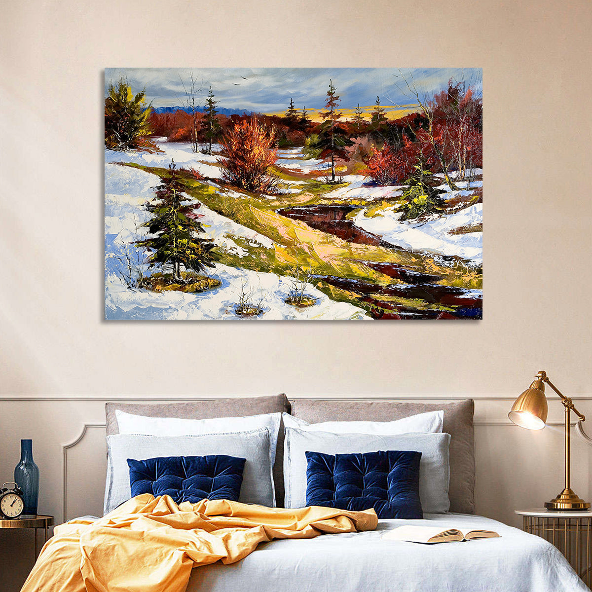 Snowy Stream Through Evergreens Wall Art