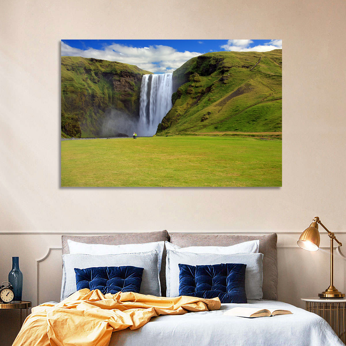 Skógafoss Waterfall Wall Art in a room, landscape