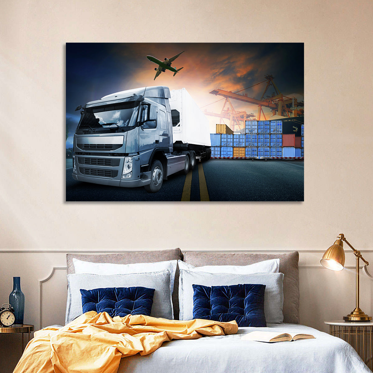 Sunset Freight Terminal Truck Scene Wall Art in a room, landscape