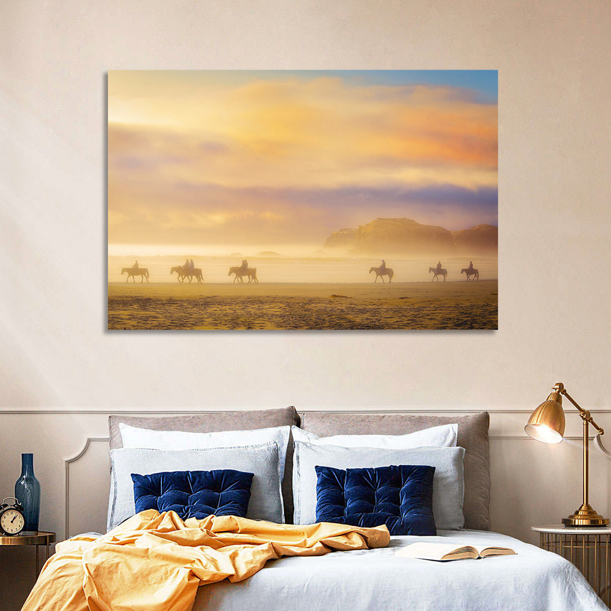 Misty Beach Horseback Riders Wall Art in a room, landscape