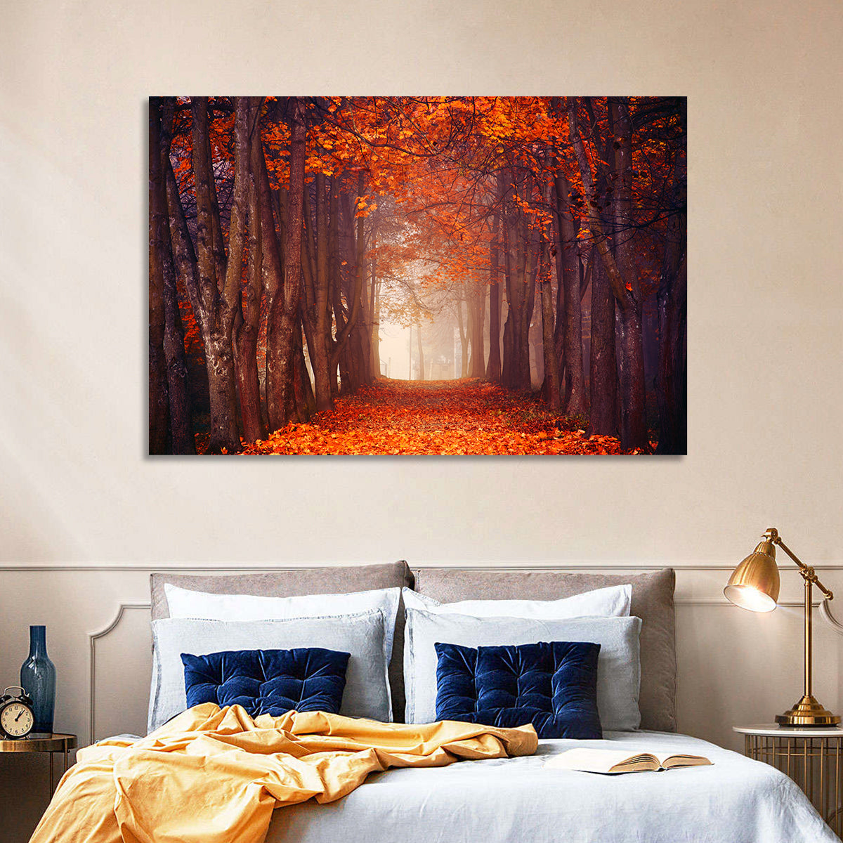 Misty Autumn Forest Path Wall Art in a room, landscape