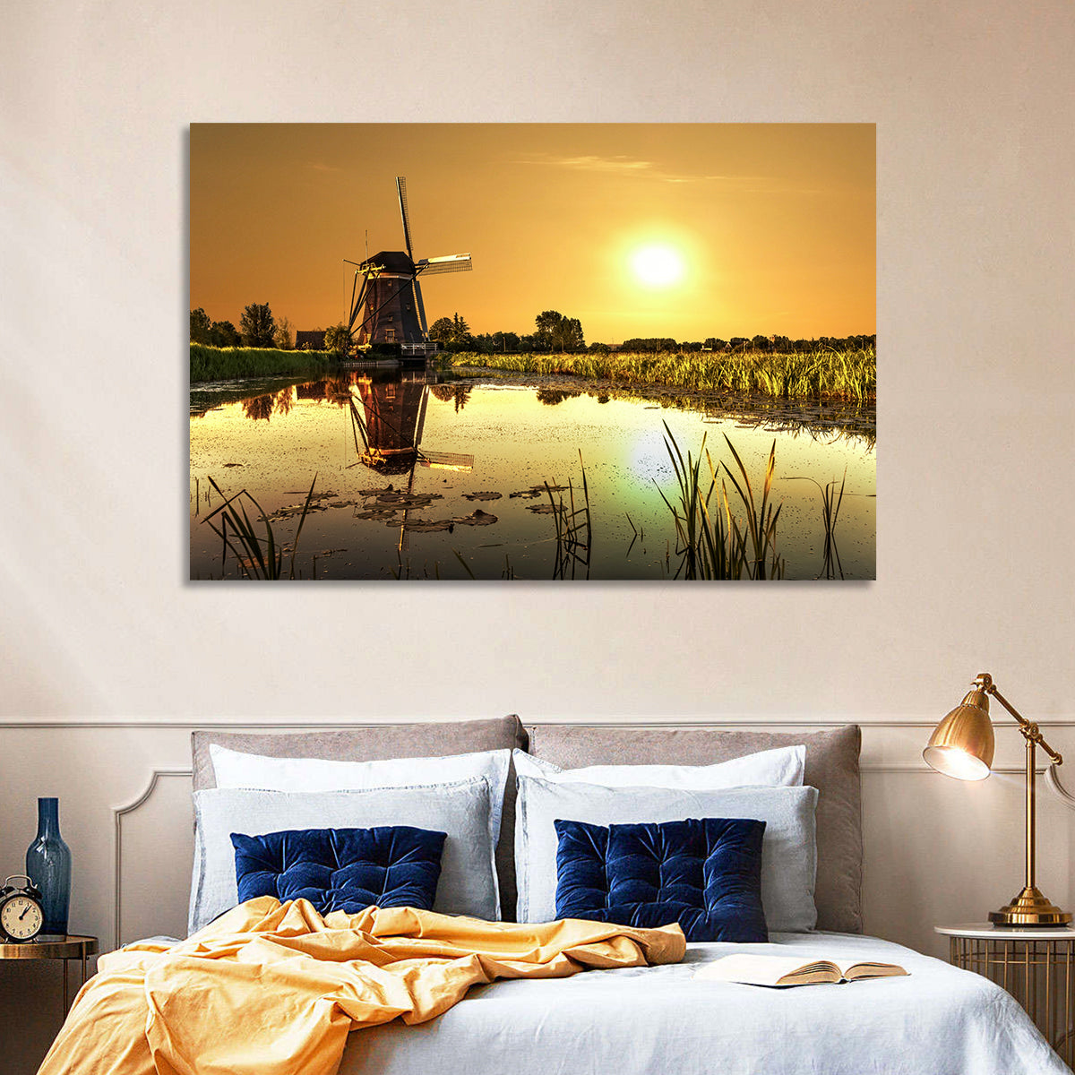 Dutch Windmill at Golden Hour Wall Art in a room, landscape