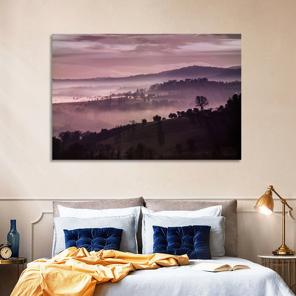 Misty Lavender Hills Wall Art in a room, landscape