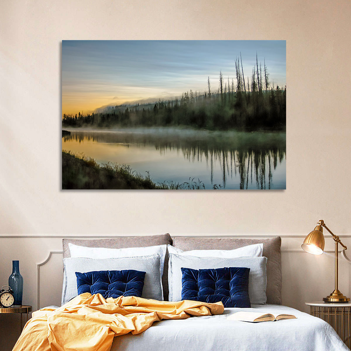 Yellowstone River Morning Mist Wall Art in a room, landscape