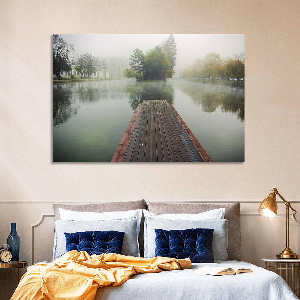Wooden Pier on Foggy Lake Wall Art