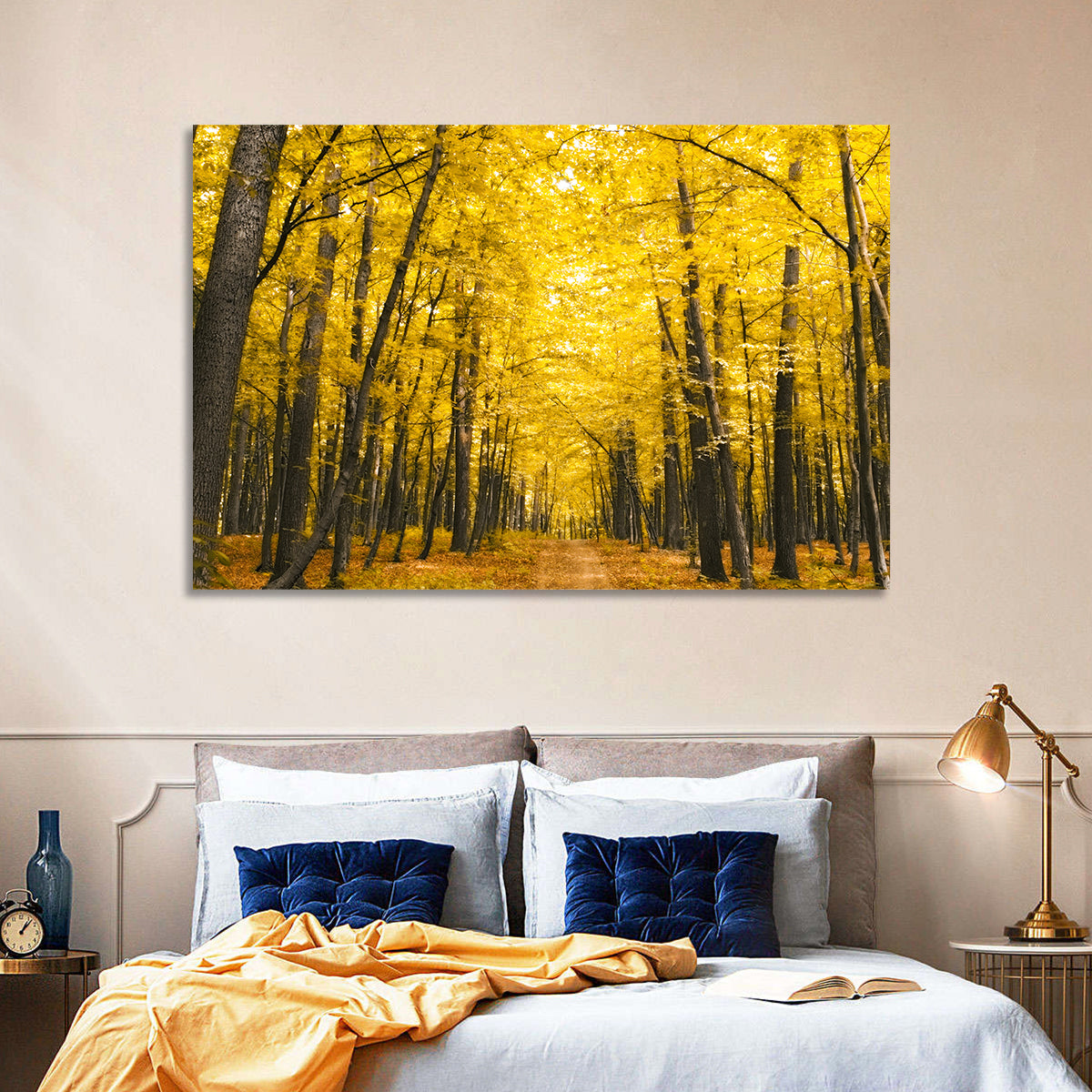 Yellow Autumn Forest Path Wall Art in a room, landscape
