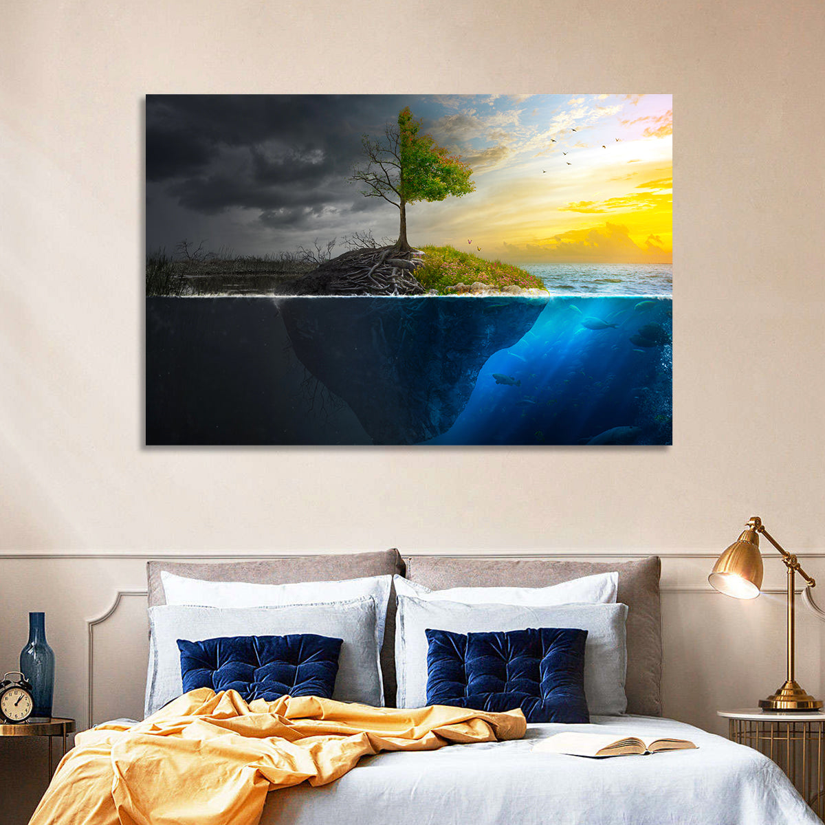 Split Island Tree of Duality Wall Art in a room, landscape