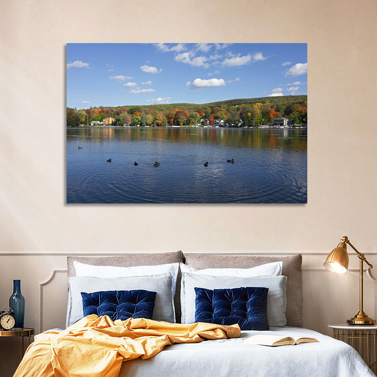 Greenwood Lake Autumn Landscape Wall Art in a room, landscape