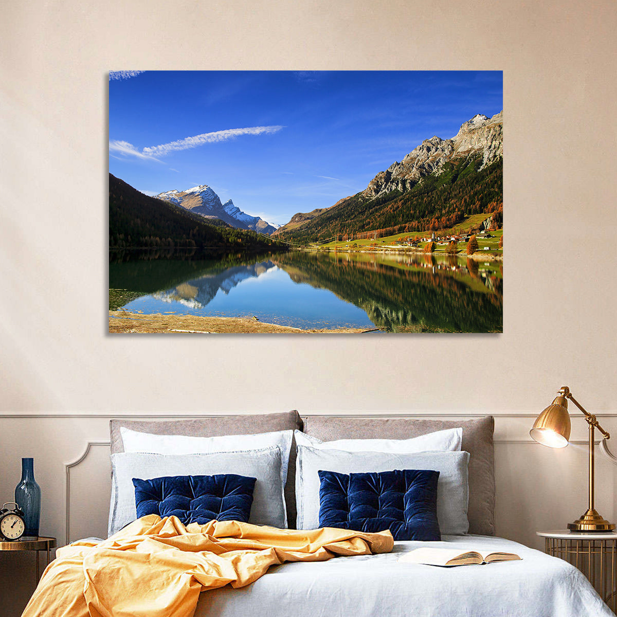Lake Sils Morning Reflection Wall Art in a room, landscape