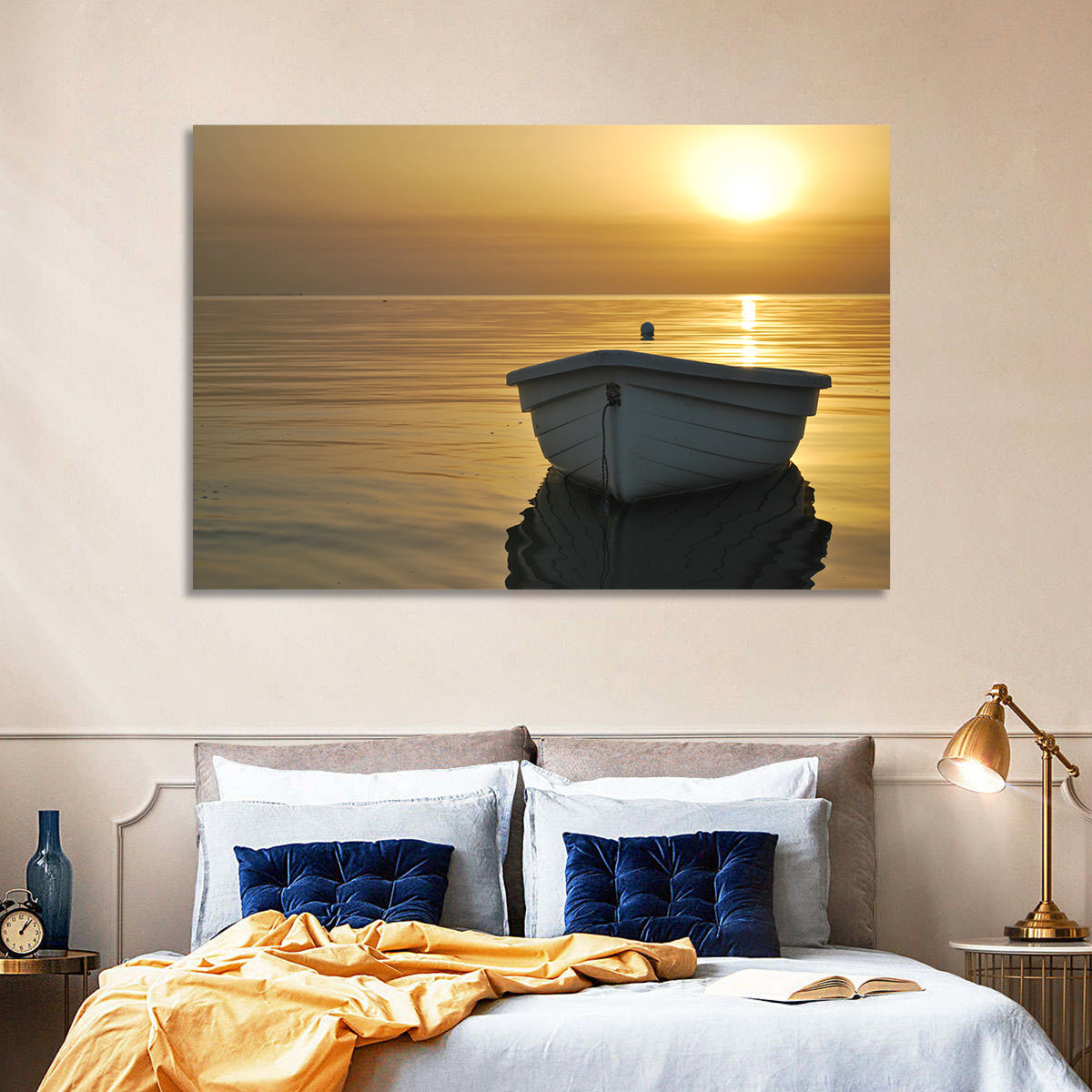 White Rowboat on Golden Sea Wall Art