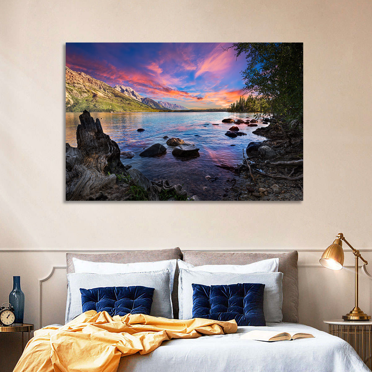 Jenny Lake Sunset Wall Art in a room, landscape