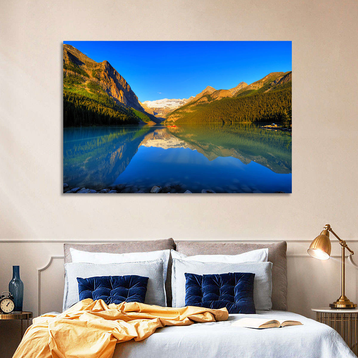Lake Louise Canoe Reflection Wall Art in a room, landscape