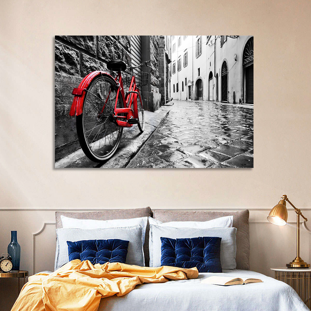 Red Bicycle on Rainy Cobblestone Street Wall Art