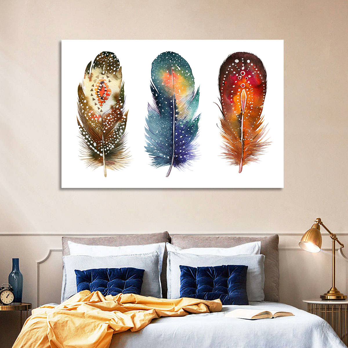 Boho Watercolor Feather Trio Wall Art