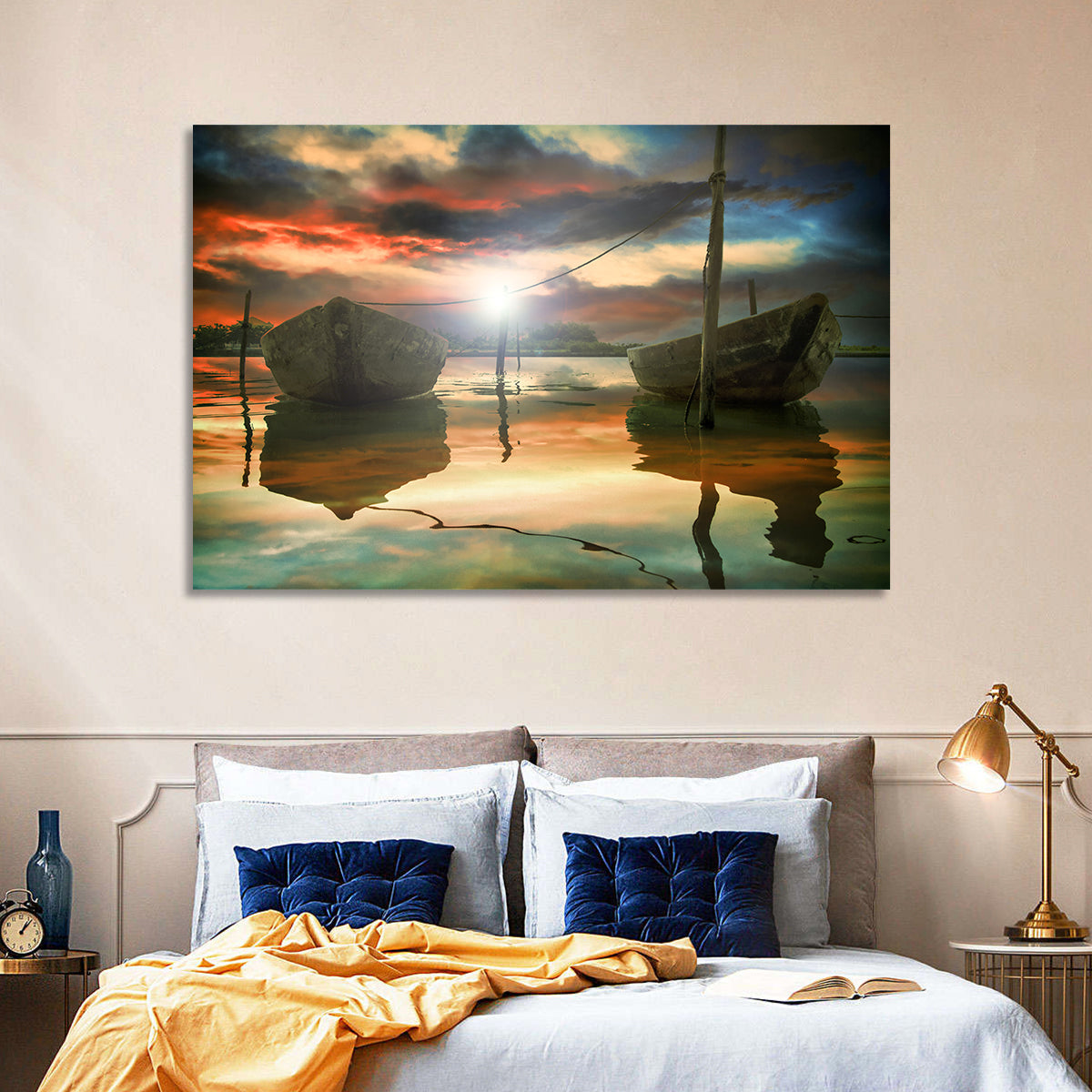 Two Wooden Boats at Sunset Wall Art
