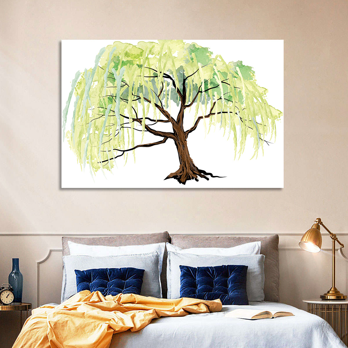 Weeping Willow Watercolor Sketch Wall Art in a room, landscape