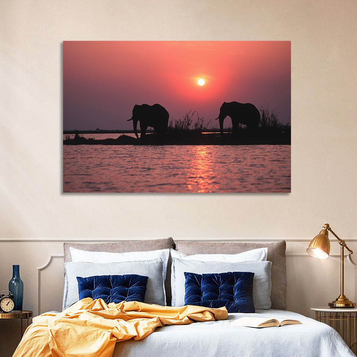 Elephants at Sunset Silhouette Wall Art