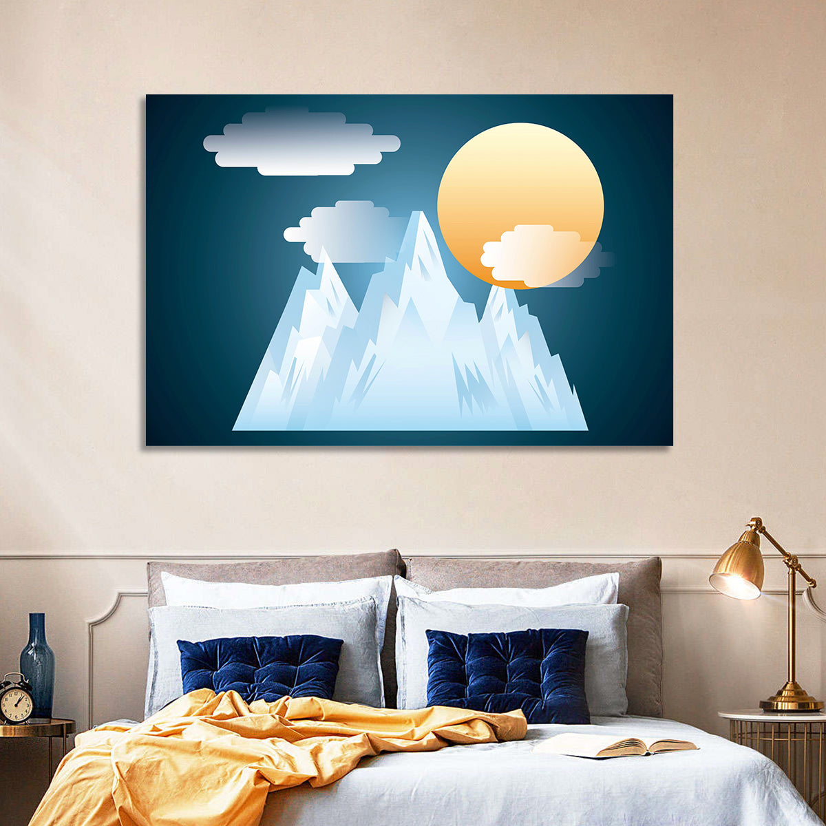 Geometric Snowy Mountain with Golden Sun Wall Art in a room, landscape