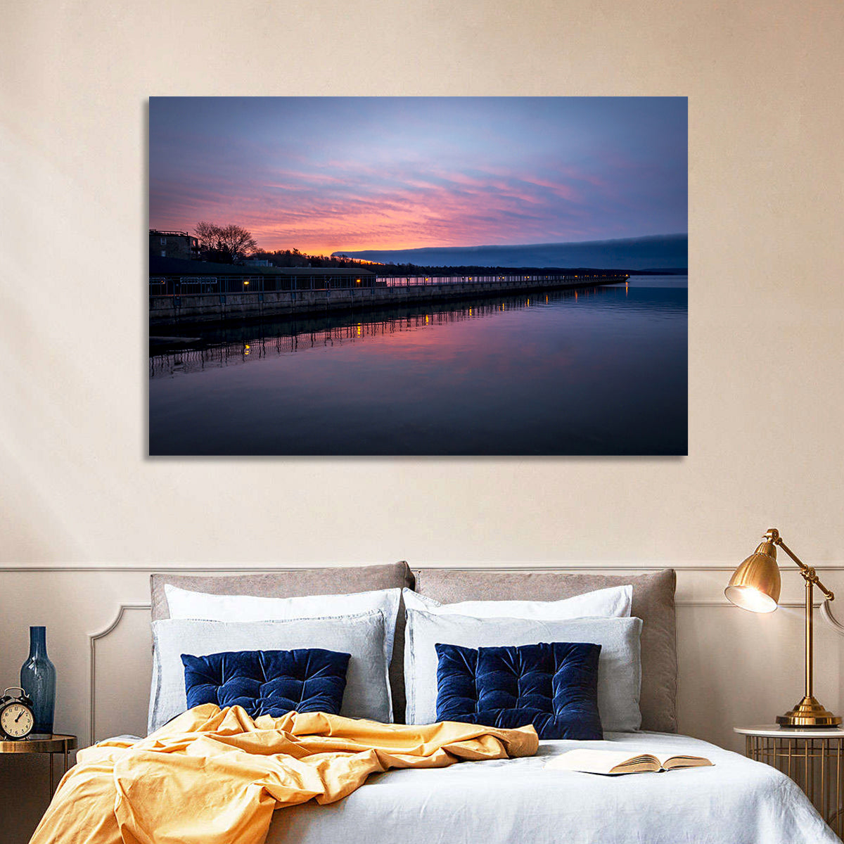 Skaneateles Lake Pier at Dusk Wall Art in a room, landscape