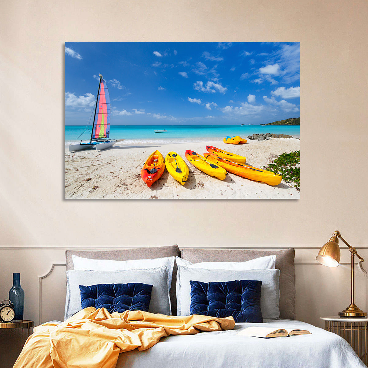 Yellow Kayaks on Tropical Beach Wall Art in a room, landscape