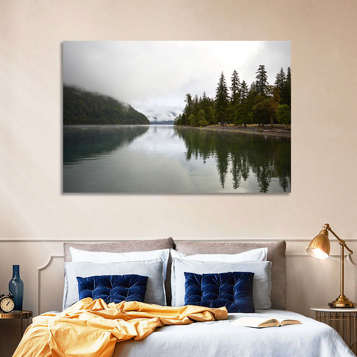 Foggy Lake Crescent Reflection Wall Art in a room, landscape