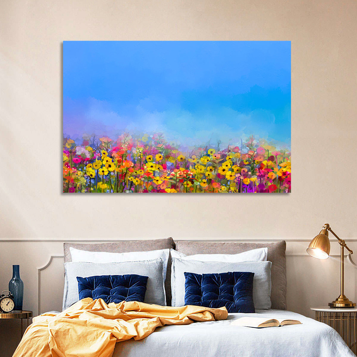 Cornflower and Daisy Meadow Wall Art in a room, landscape
