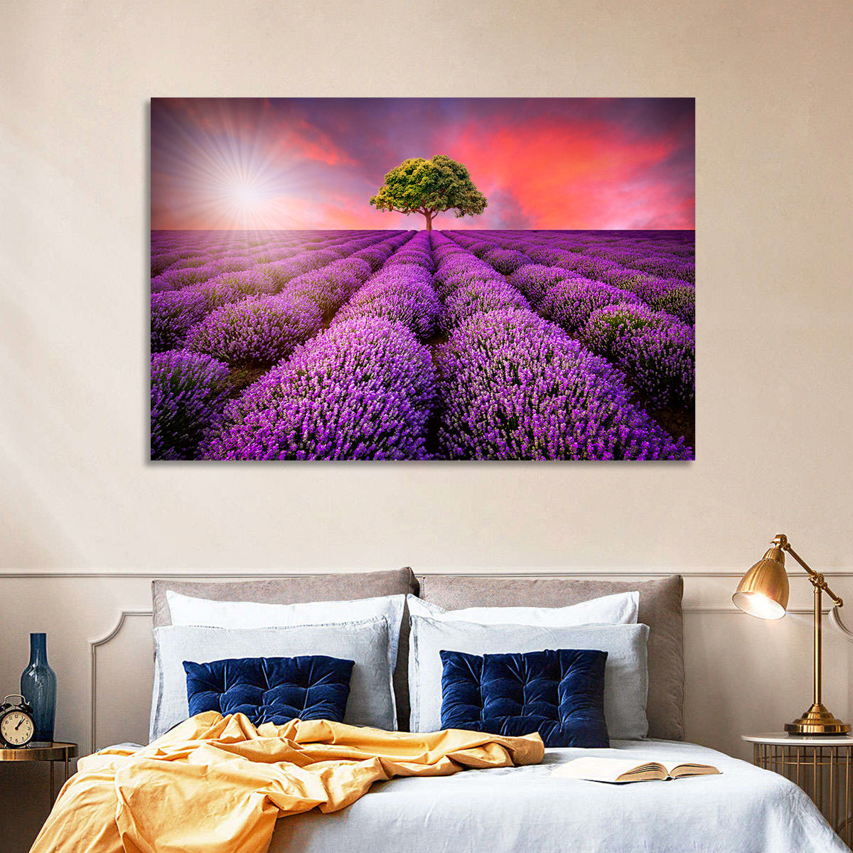 Sunset Over Lavender Fields Wall Art in a room, landscape
