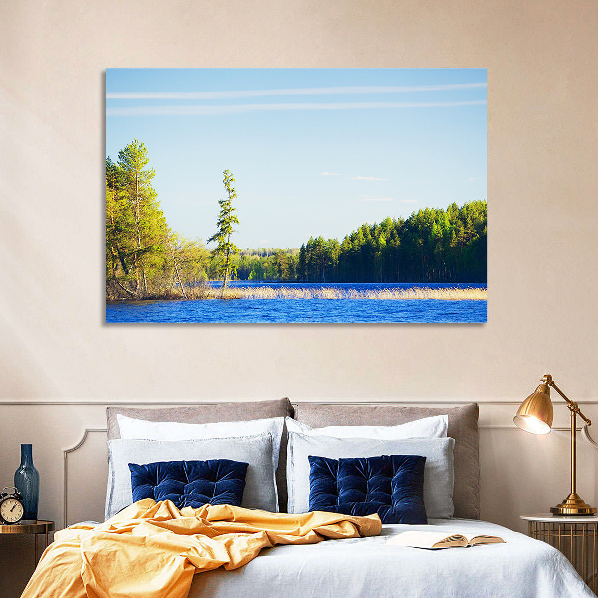 Summer Forest Lake Shoreline Wall Art in a room, landscape