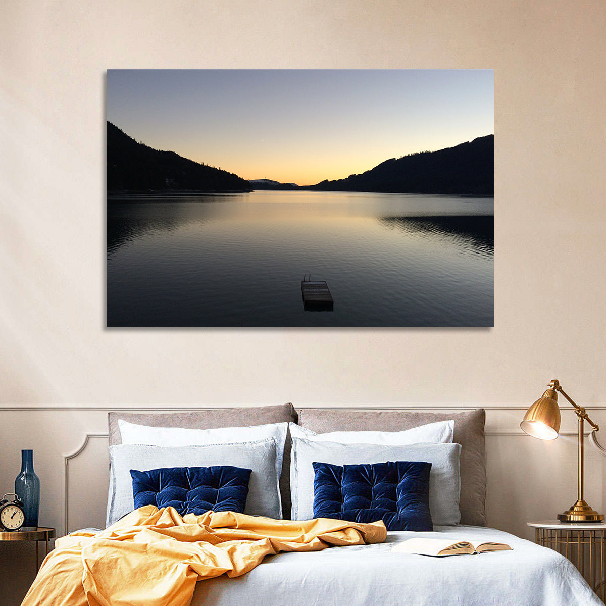 Lake Cushman Dock at Dusk Wall Art in a room, landscape