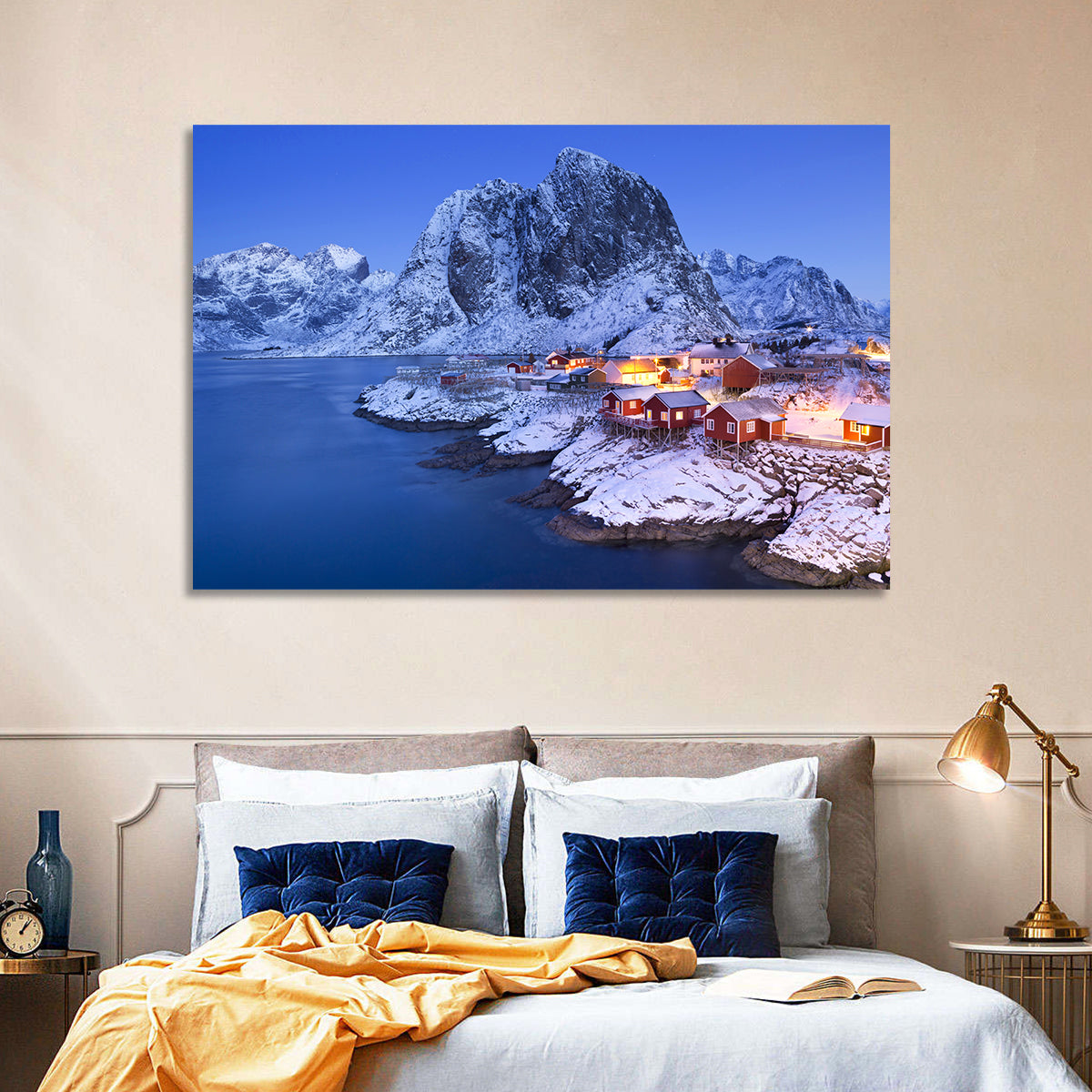 Hamnøy Red Cabins at Winter Dusk Wall Art in a room, landscape