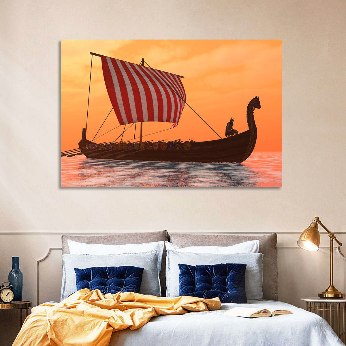 Viking Longship at Dusk Wall Art in a room, landscape