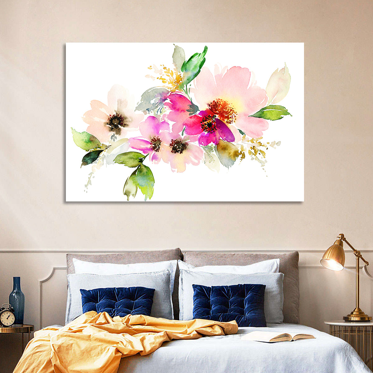 Delicate Pink Floral Watercolor Wall Art in a room, landscape