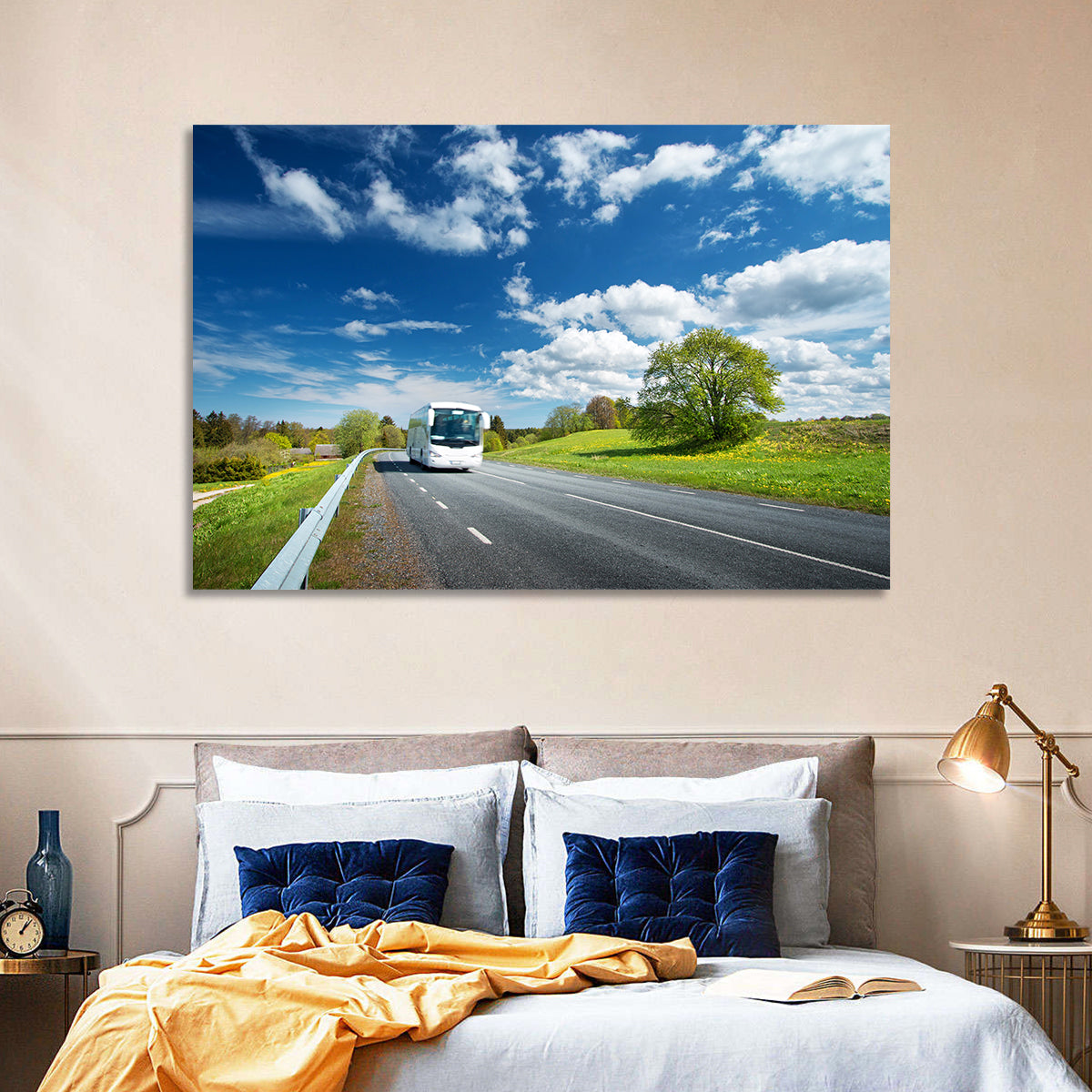 White Bus on Meadow Road Wall Art
