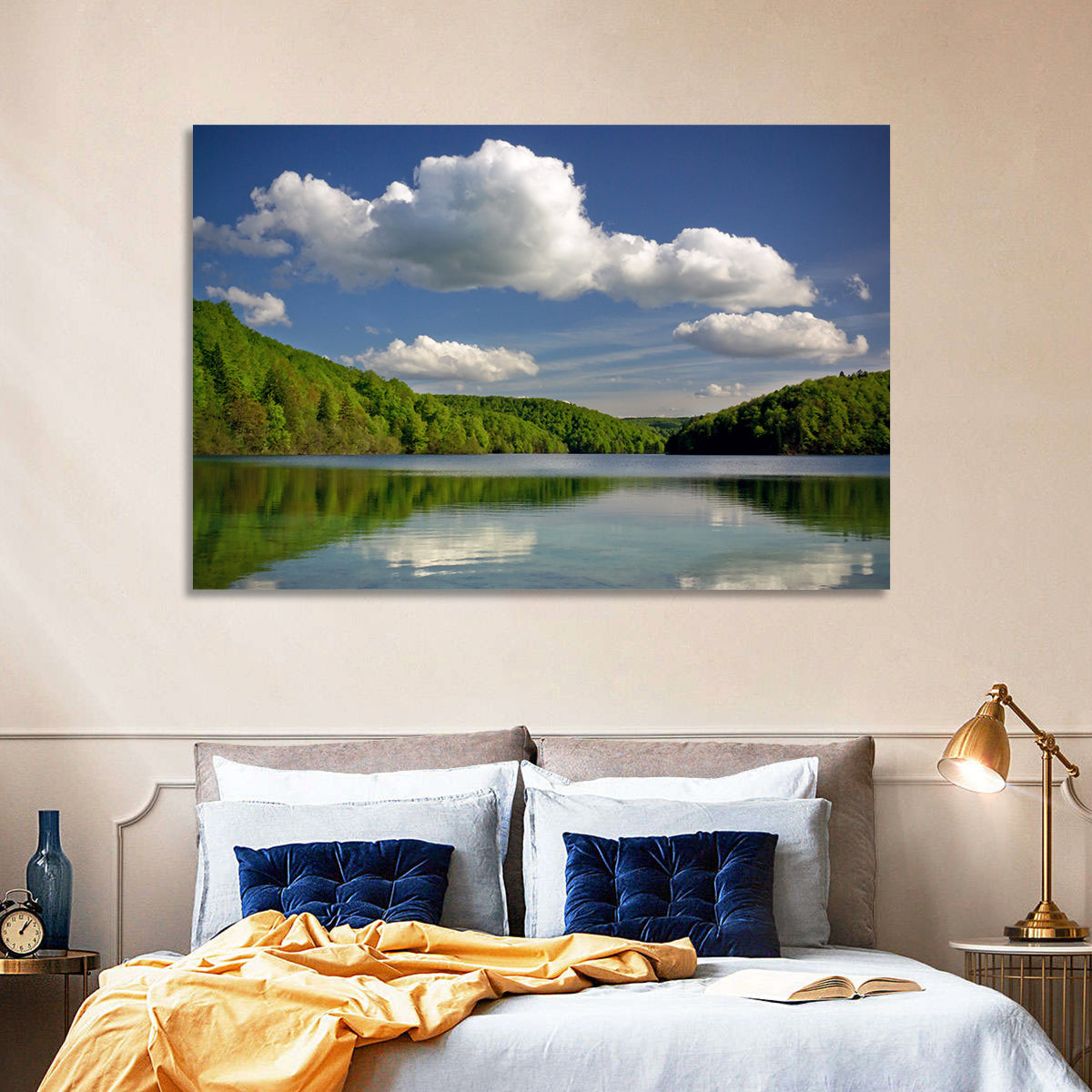 Plitvice Forest Lake Scene Wall Art in a room, landscape