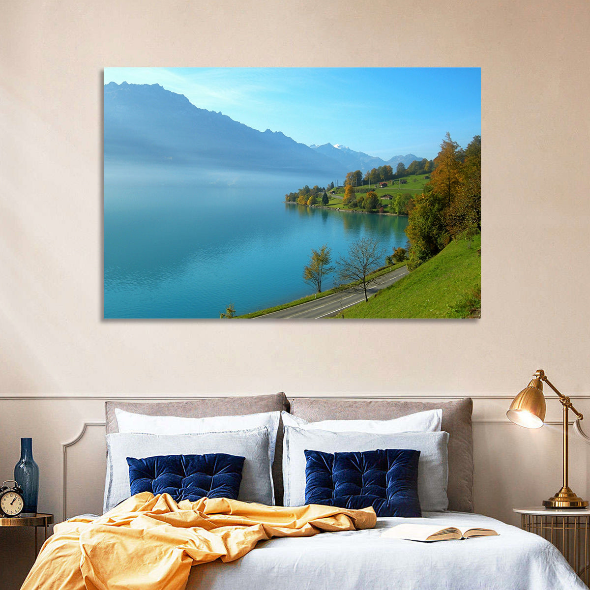 Lake Brienz Misty Shoreline Wall Art in a room, landscape