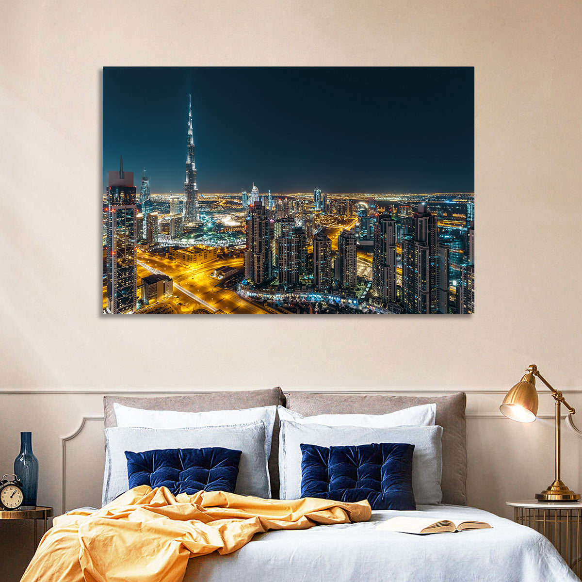 Dubai Night Skyline with Burj Khalifa Wall Art in a room, landscape