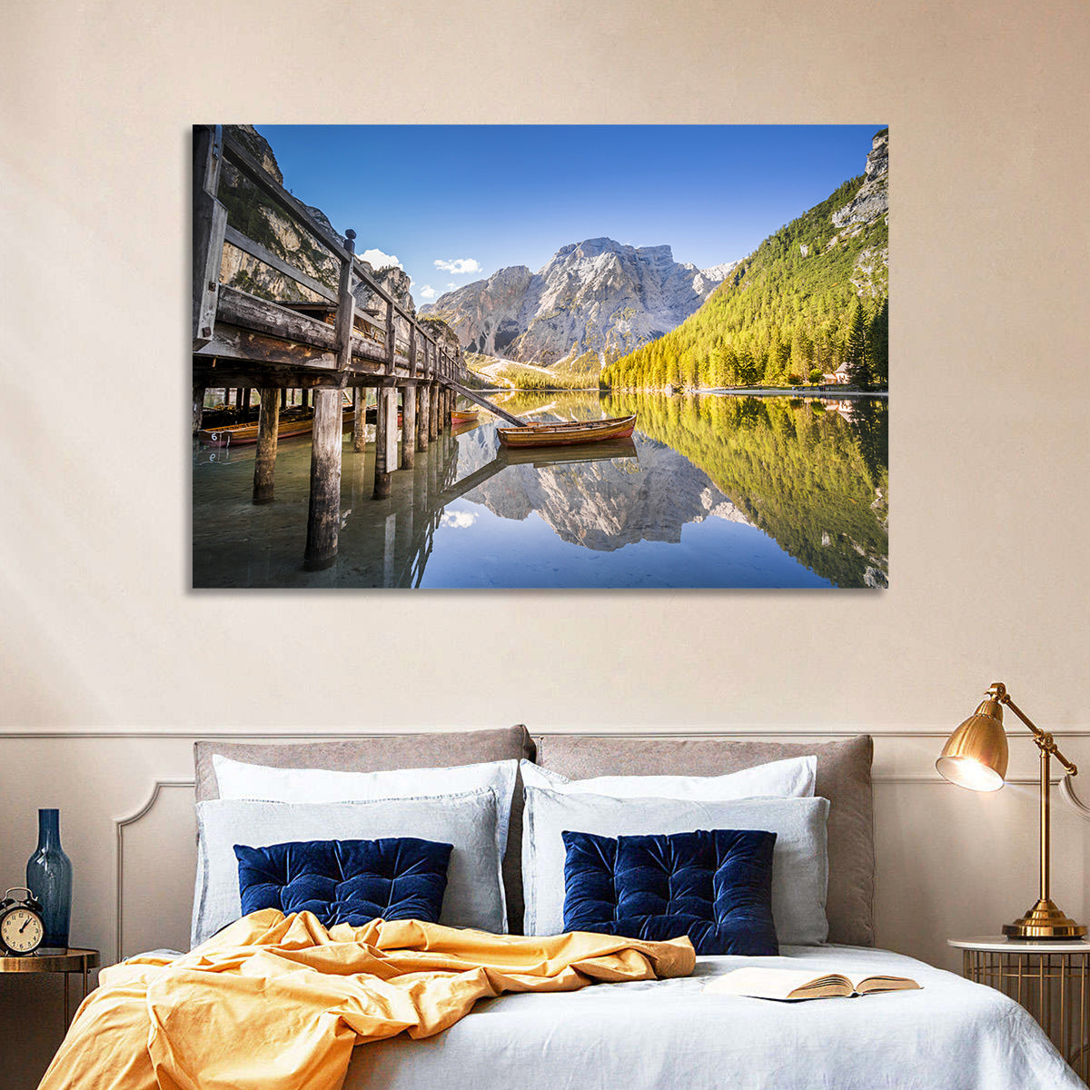 Lago Di Braies Pier Wall Art in a room, landscape