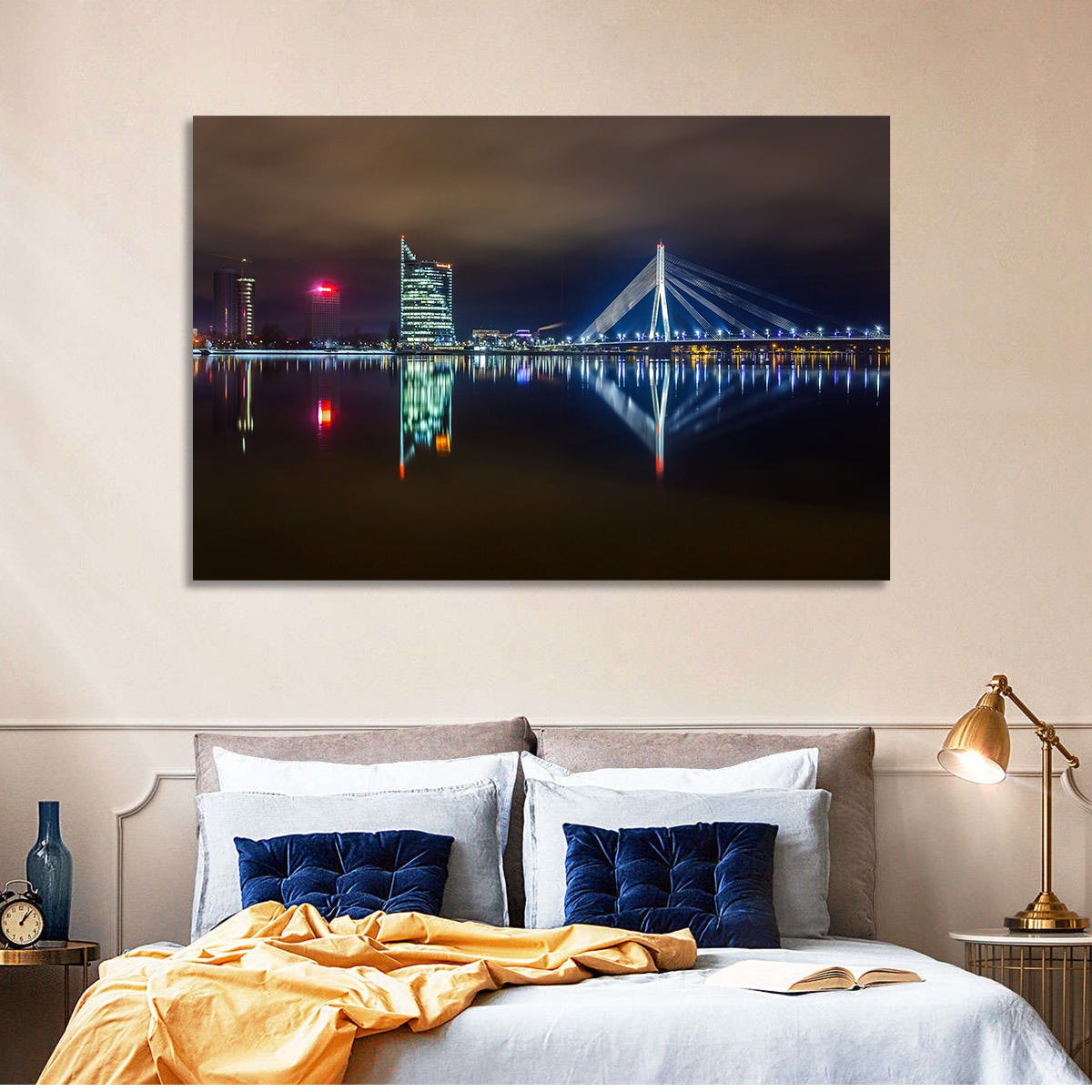 Vanšu Bridge Night Skyline Wall Art in a room, landscape