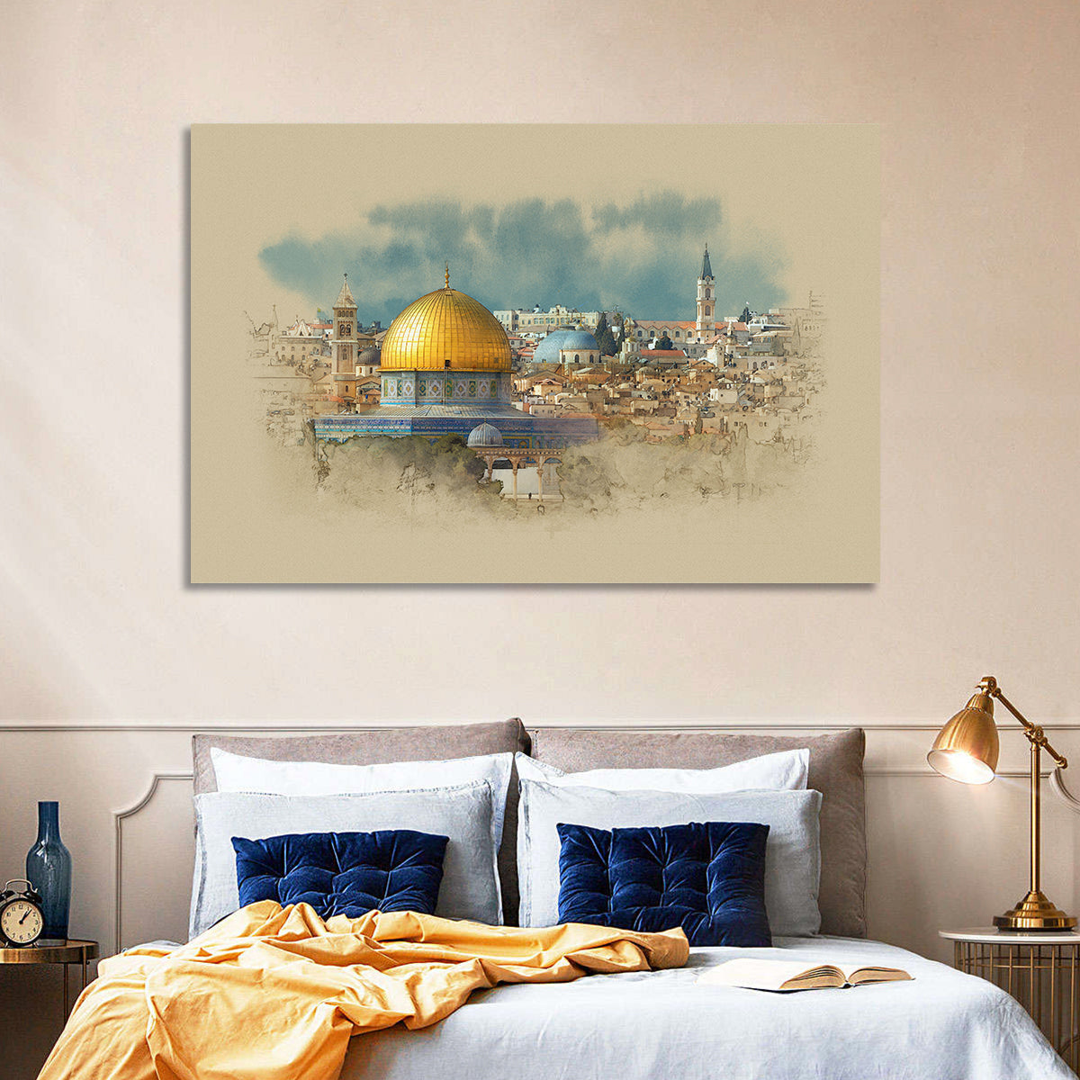 Dome of the Rock Watercolor Study Wall Art in a room, landscape